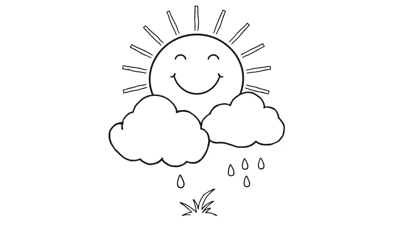 A black and white cartoon color panel of a happy sun, fluffy clouds, and rain.
