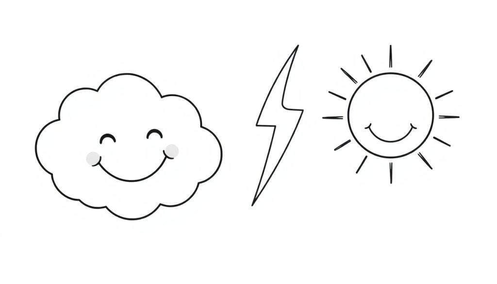 A black and white color panel of a happy cloud, a lightning bolt, and a smiling sun.