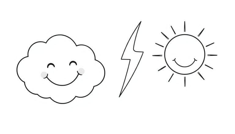 A black and white color panel of a happy cloud, a lightning bolt, and a smiling sun.
