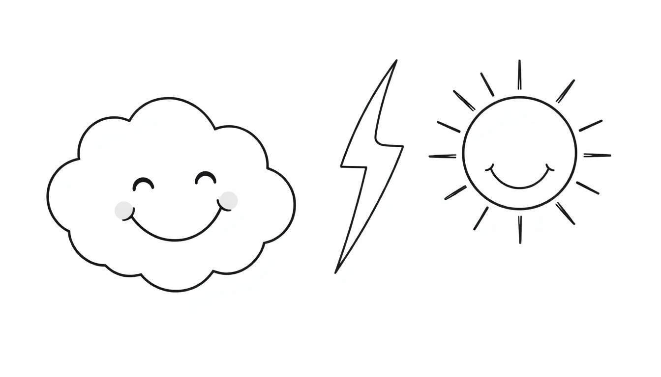 A black and white color panel of a happy cloud, a lightning bolt, and a smiling sun.