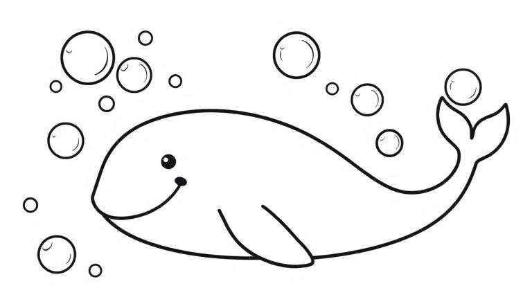 A cute black and white cartoon whale with a big eye and a smile swims in a sea of bubbles. This is a coloring panel.