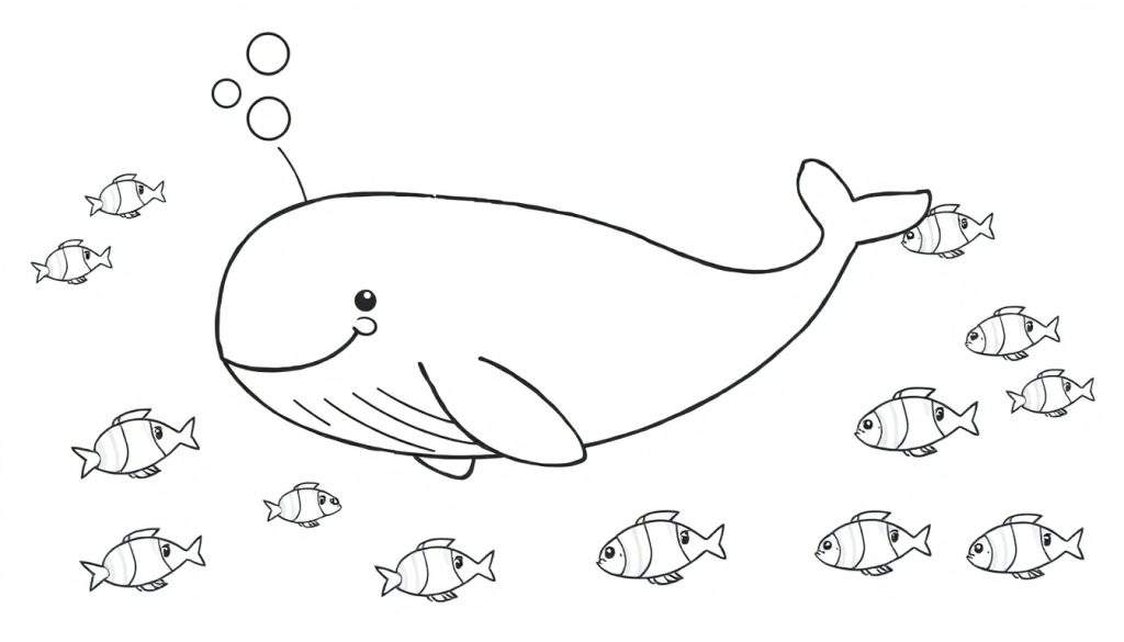 A friendly whale in a black and white color panel with small fish and bubbles.