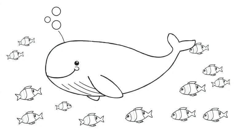 A friendly whale in a black and white color panel with small fish and bubbles.