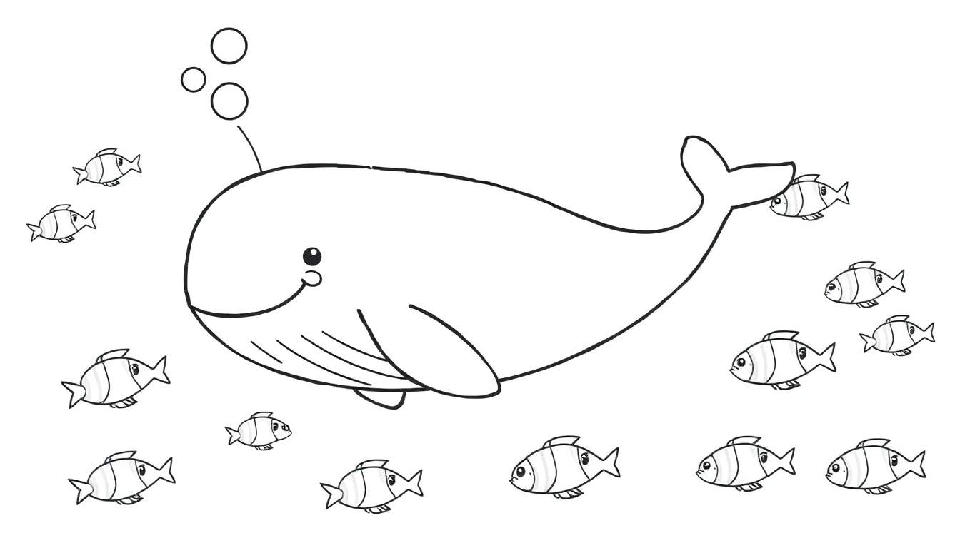 A friendly whale in a black and white color panel with small fish and bubbles.