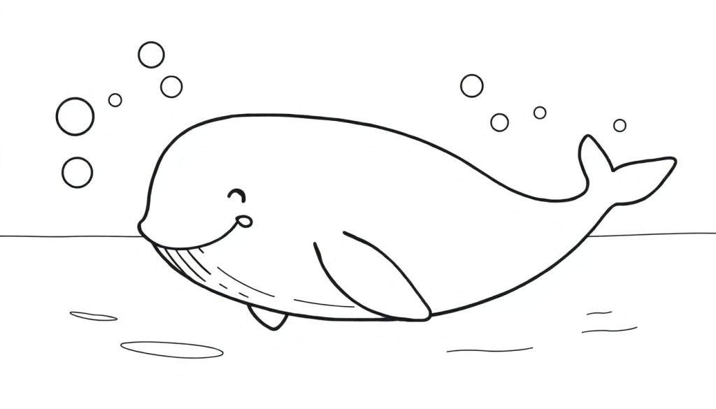A friendly whale, a black and white coloring page with playful bubbles, featuring a cute whale with a smile and dots for eyes. The whale swims above a horizontal line representing water with ripples. Bubbles float around the whale. This color panel is ready for coloring.