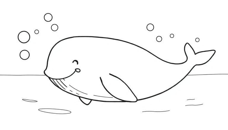 A friendly whale, a black and white coloring page with playful bubbles, featuring a cute whale with a smile and dots for eyes. The whale swims above a horizontal line representing water with ripples. Bubbles float around the whale. This color panel is ready for coloring.