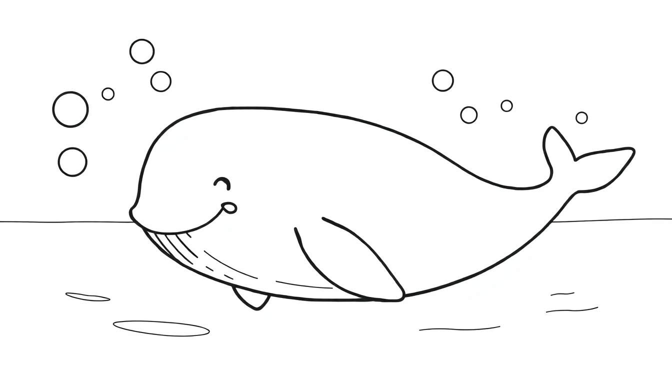 A friendly whale, a black and white coloring page with playful bubbles, featuring a cute whale with a smile and dots for eyes. The whale swims above a horizontal line representing water with ripples. Bubbles float around the whale. This color panel is ready for coloring.