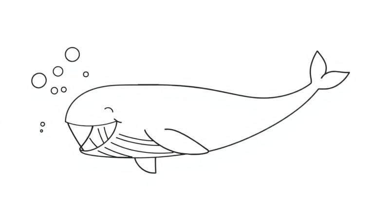 A smiling whale coloring panel with bubbles.