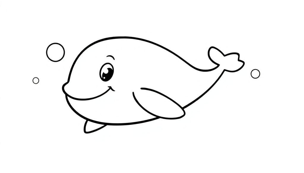 A cute black and white whale coloring panel with bubbles.