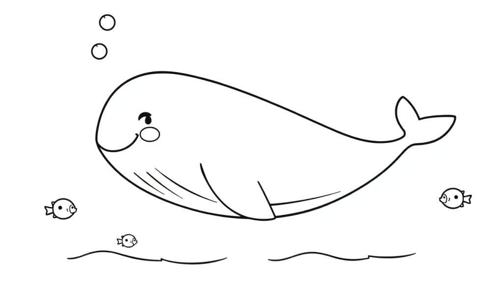 A cute baby whale coloring panel in black and white, swimming with bubbles and fish.