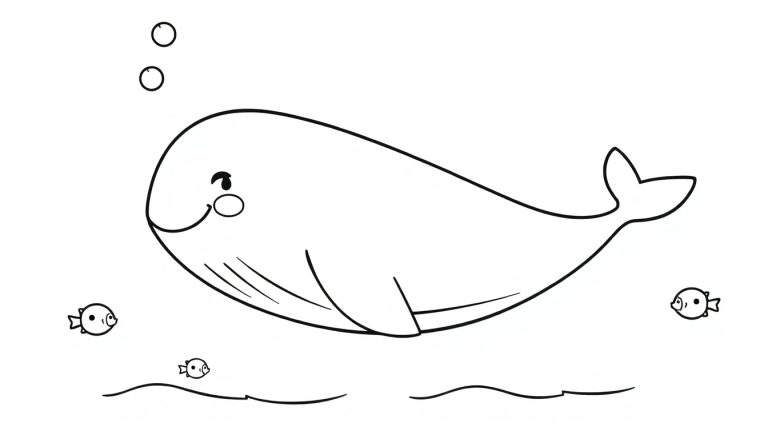 A cute baby whale coloring panel in black and white, swimming with bubbles and fish.
