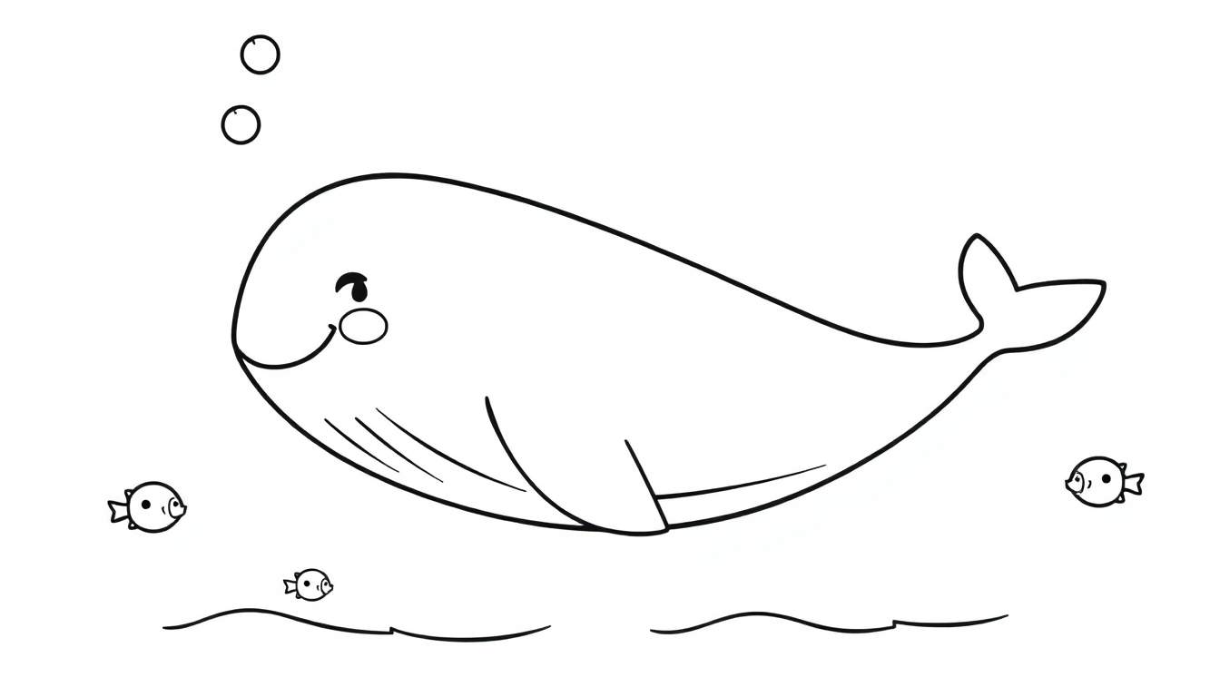 A cute baby whale coloring panel in black and white, swimming with bubbles and fish.