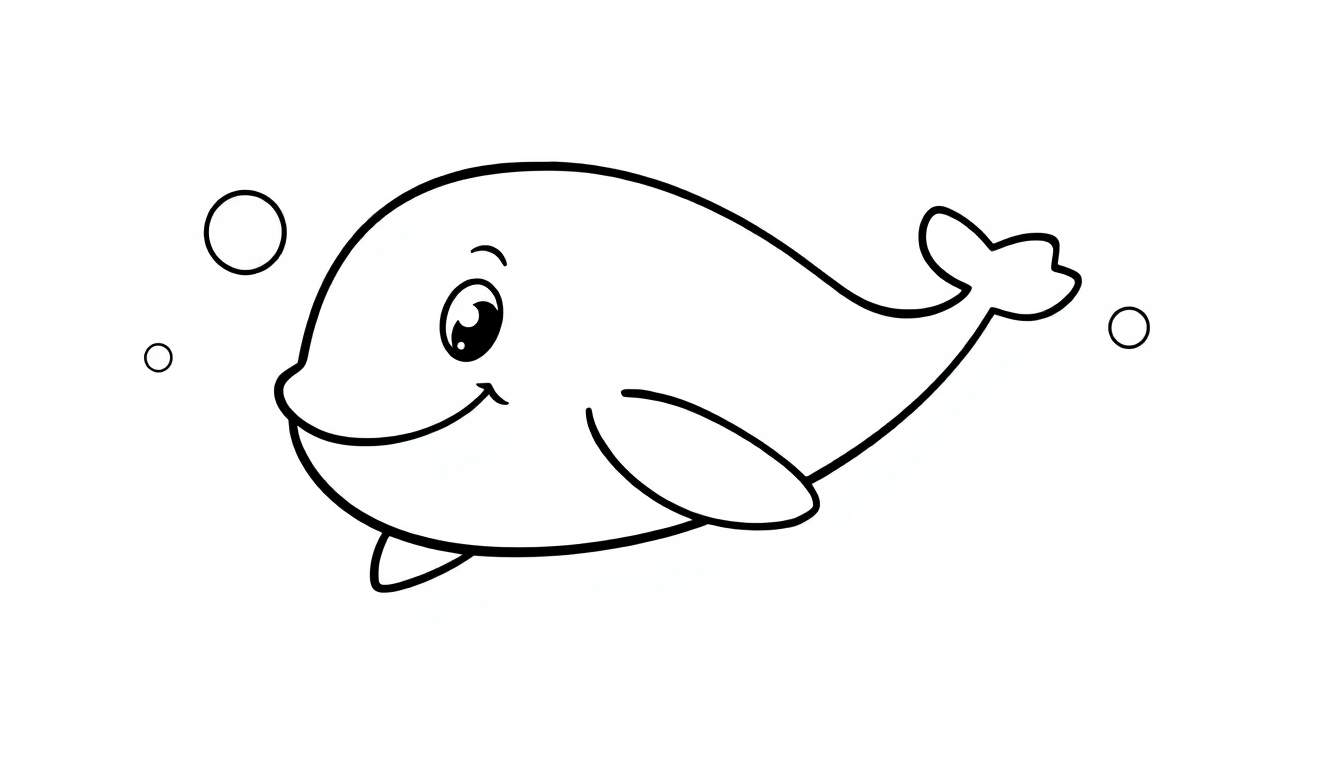 A cute black and white whale coloring panel with bubbles.