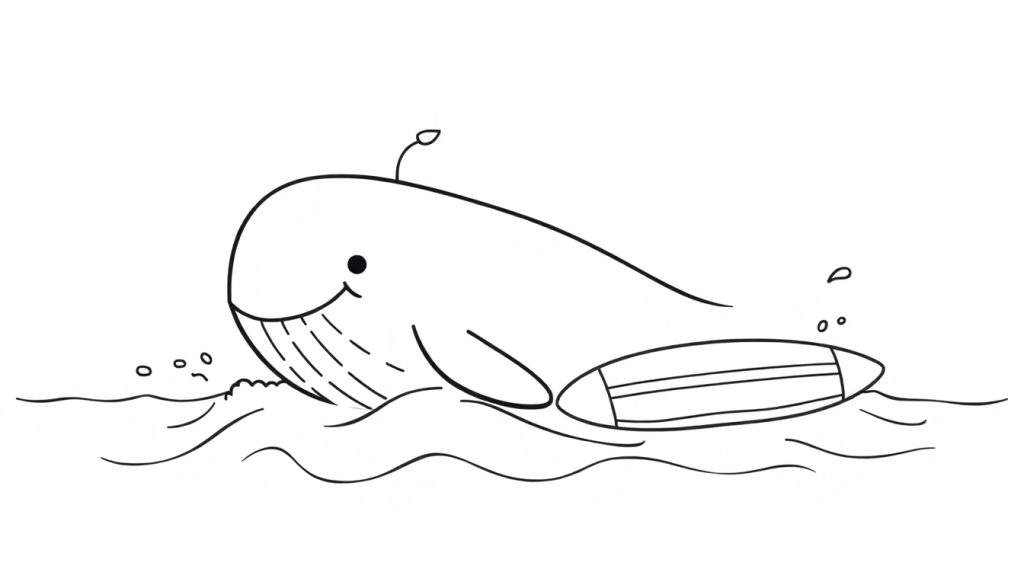 A cute whale and surfboard in a black and white color panel.