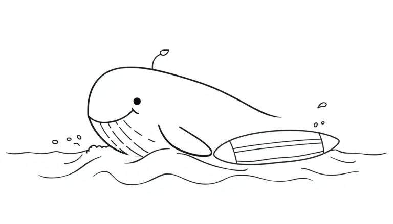 A cute whale and surfboard in a black and white color panel.
