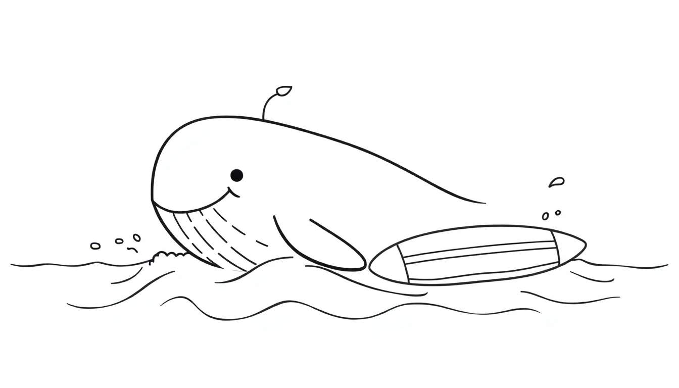 A cute whale and surfboard in a black and white color panel.