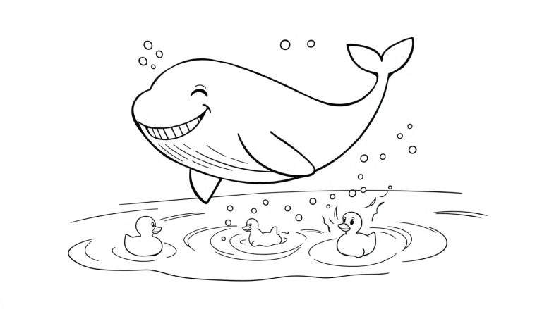 A black and white line art drawing of a happy whale and ducks, ready for coloring. This color panel is perfect for little artists!