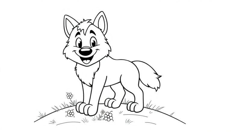 A cute cartoon wolf, smiling, with big paws, ready for coloring fun! Black and white outline color panel.