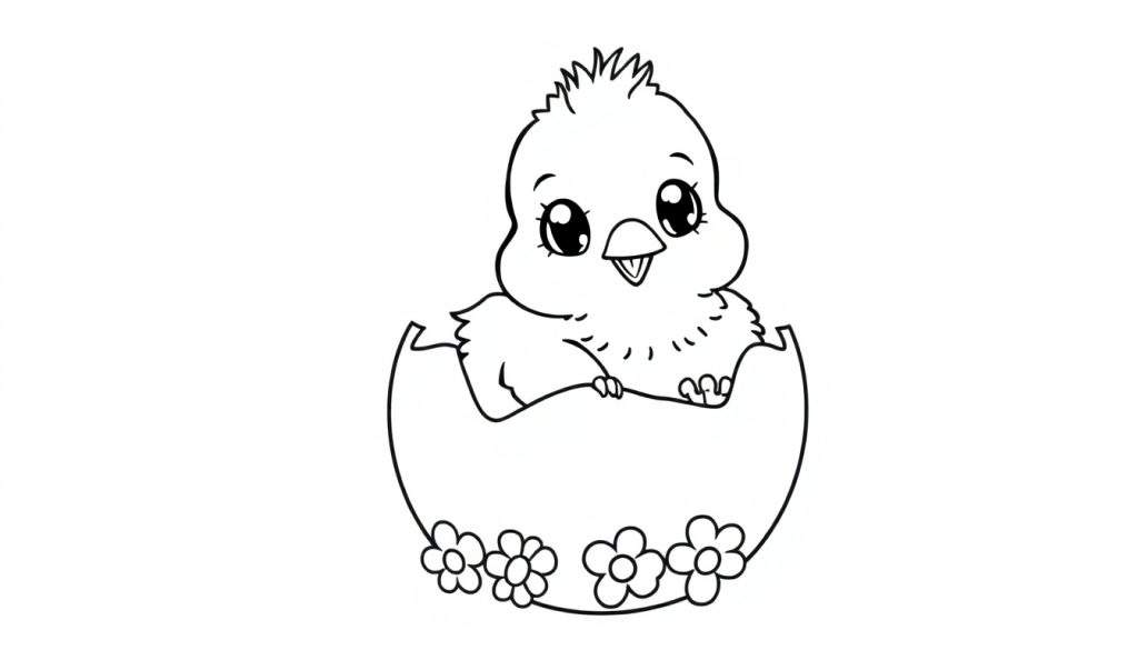 A cute baby chick peeking out of a cracked egg, ready for coloring. A sweet scene for your color panel.