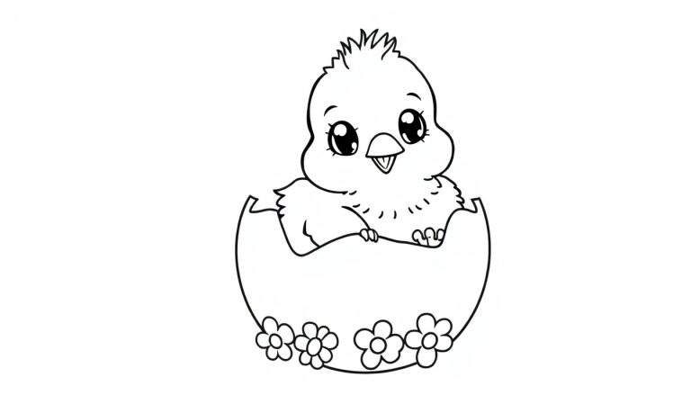A cute baby chick peeking out of a cracked egg, ready for coloring. A sweet scene for your color panel.