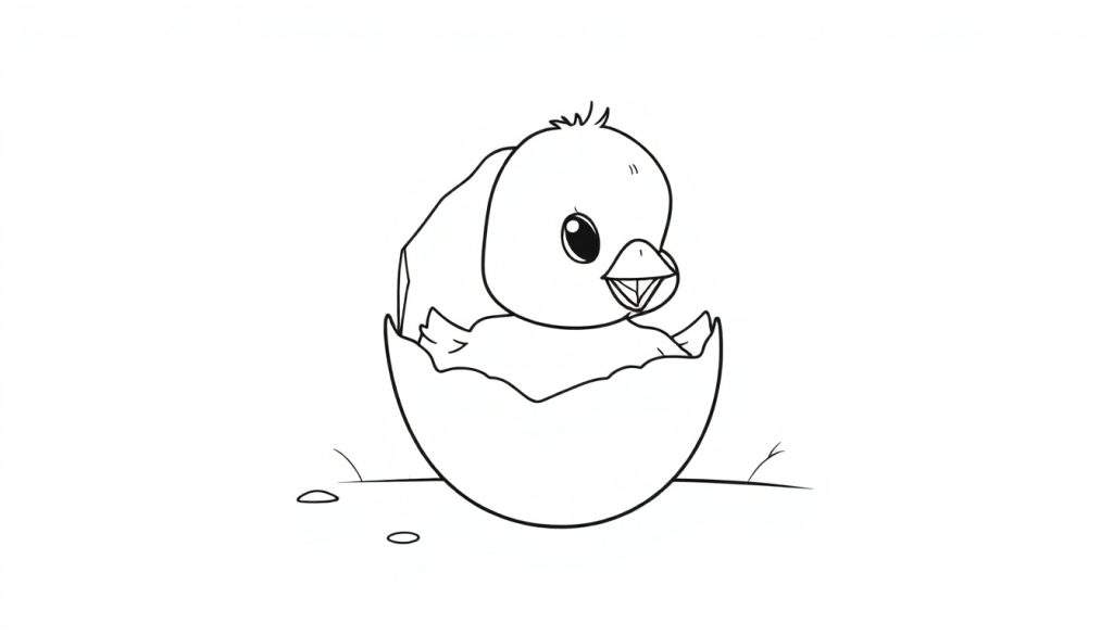 A cute chick color panel hatching from a broken egg.