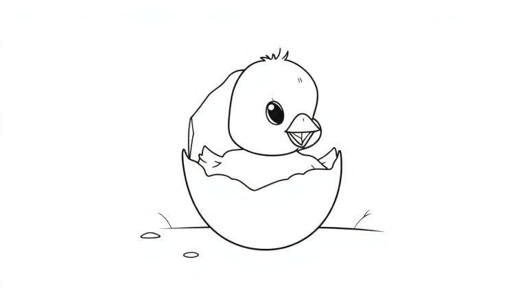 A cute chick color panel hatching from a broken egg.
