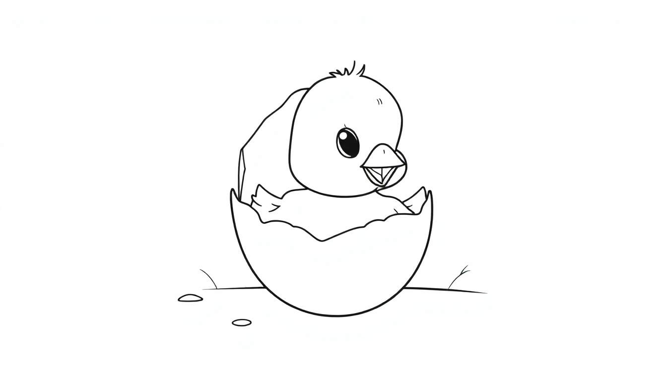 A cute chick color panel hatching from a broken egg.