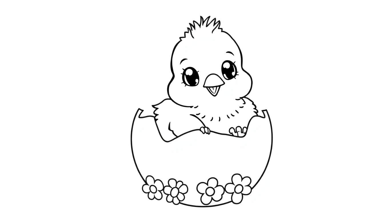 A cute baby chick peeking out of a cracked egg, ready for coloring. A sweet scene for your color panel.