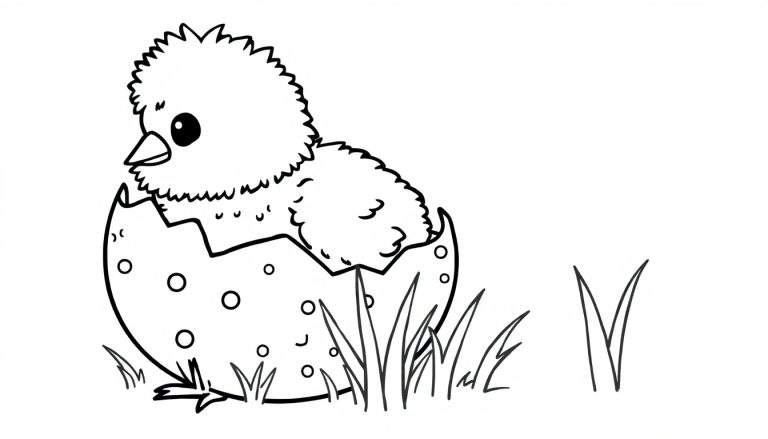 A fluffy chick is hatching from a cracked egg with circle decorations, with grass around it. This is a black and white coloring panel.
