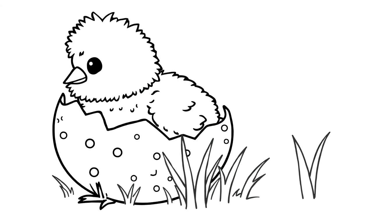A fluffy chick is hatching from a cracked egg with circle decorations, with grass around it. This is a black and white coloring panel.