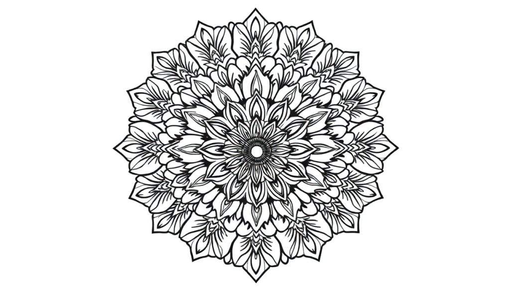 A detailed and symmetrical floral mandala shaped like a heart, perfect for coloring.