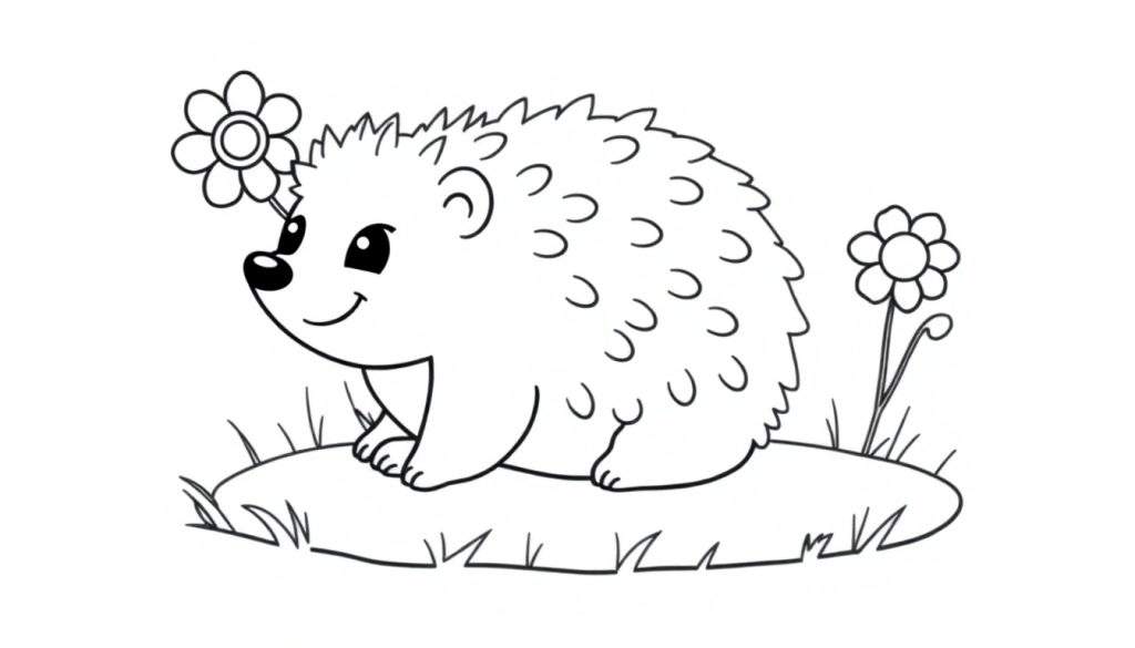 A cartoon hedgehog on a grass patch, ready for coloring in this delightful color panel.
