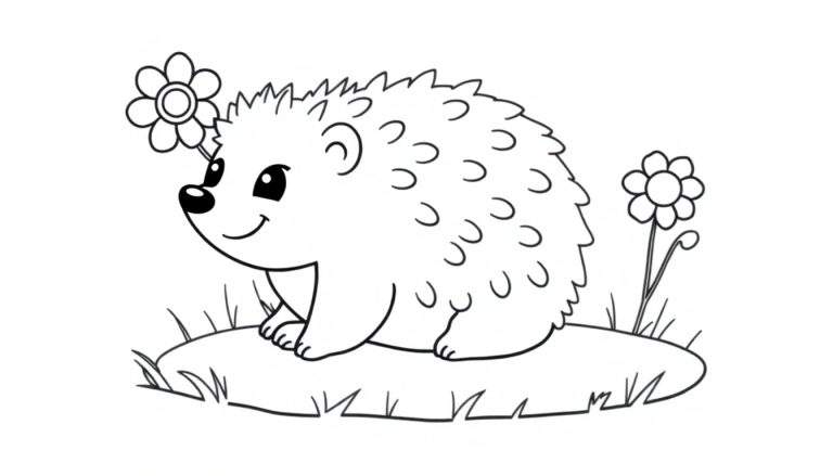 A cartoon hedgehog on a grass patch, ready for coloring in this delightful color panel.