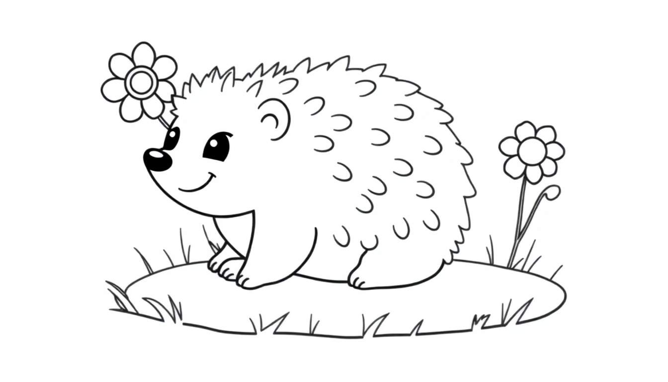 A cartoon hedgehog on a grass patch, ready for coloring in this delightful color panel.