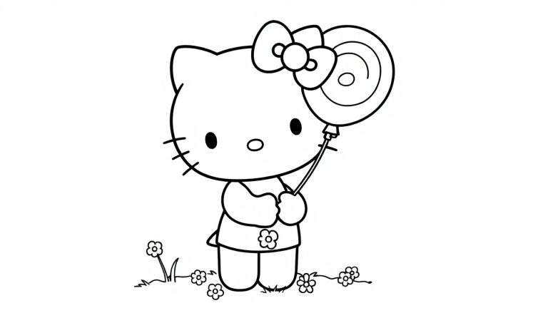 A cute black and white coloring page of Hello Kitty holding a lollipop, part of a color panel.