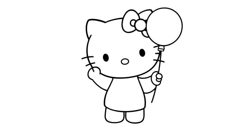 Hello Kitty with a balloon, a black and white drawing for a color panel.
