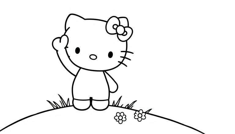 Hello Kitty on a grassy hill, ready for the color panel, waving hello.