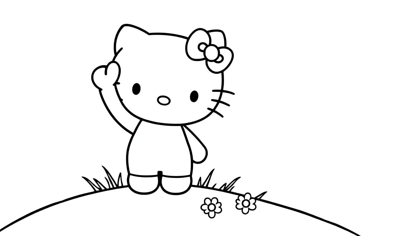 Hello Kitty on a grassy hill, ready for the color panel, waving hello.