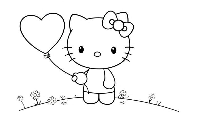 Hello Kitty on a grassy hill with a heart balloon, a coloring panel.