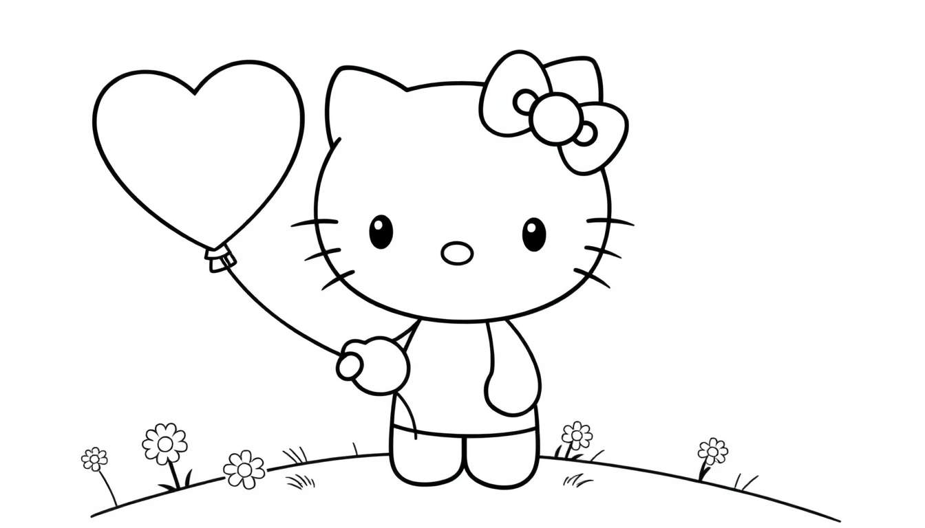 Hello Kitty on a grassy hill with a heart balloon, a coloring panel.
