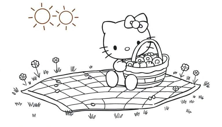 A black-and-white color panel of Hello Kitty having a picnic with two suns above.