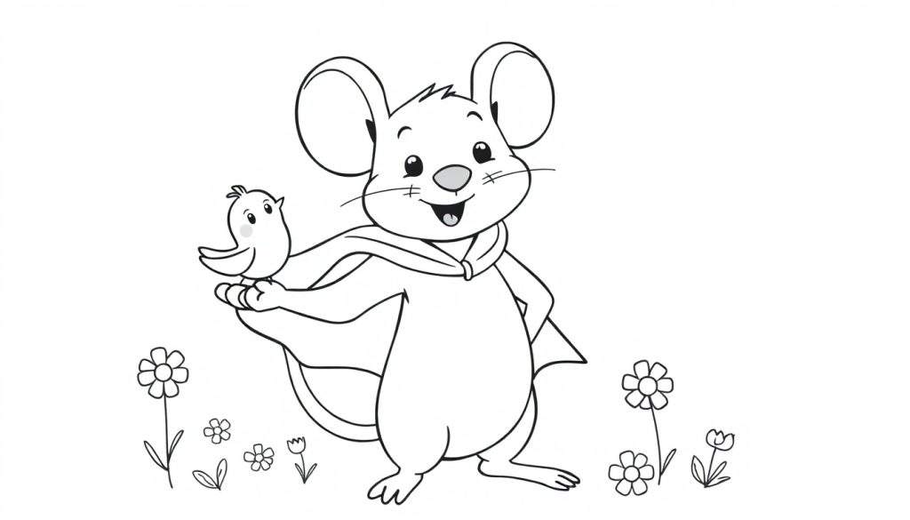 A superhero mouse in a cape, a black and white color panel drawing, holding out a hand to a small bird perched on it.