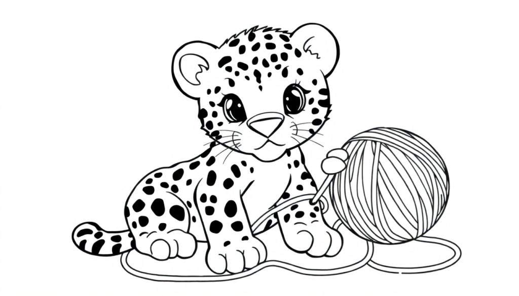 A cute jaguar cub sits with a ball of yarn, a coloring panel.