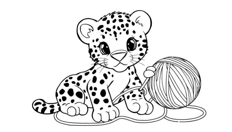 A cute jaguar cub sits with a ball of yarn, a coloring panel.