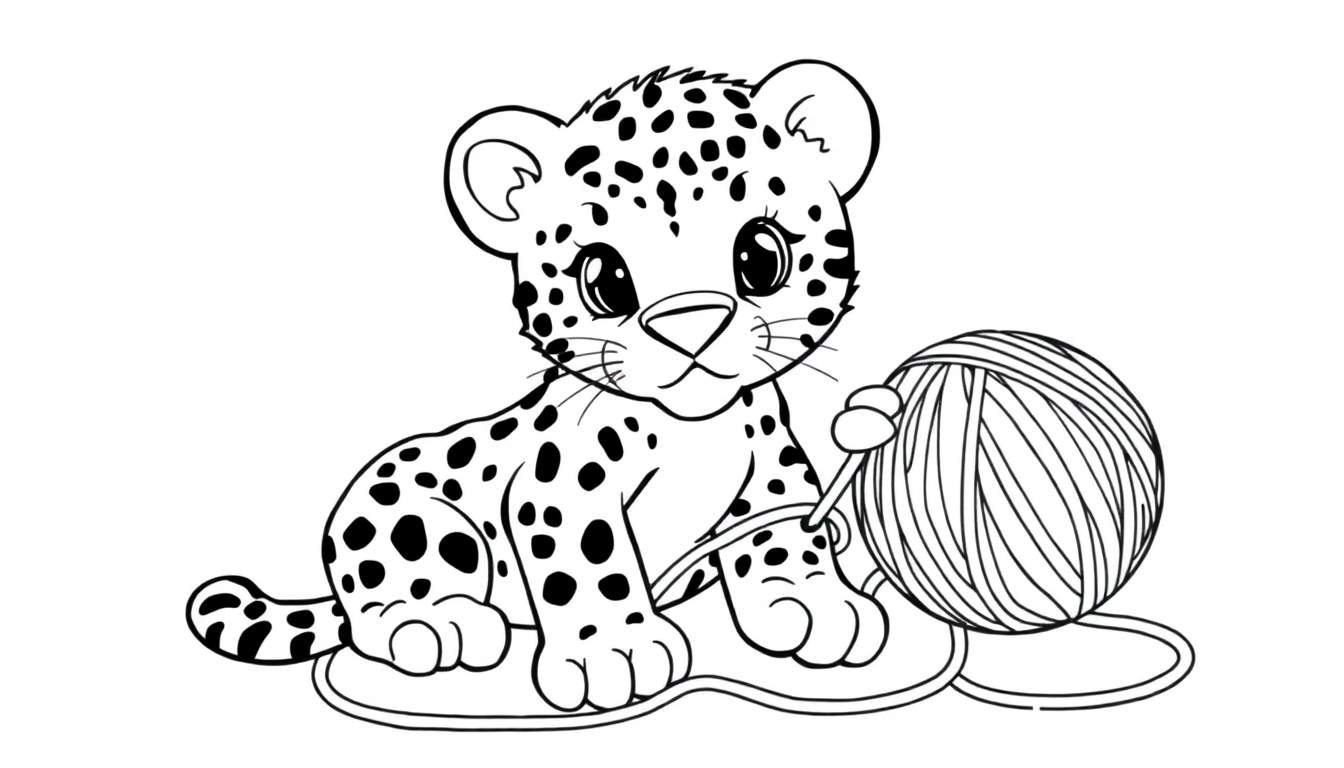A cute jaguar cub sits with a ball of yarn, a coloring panel.