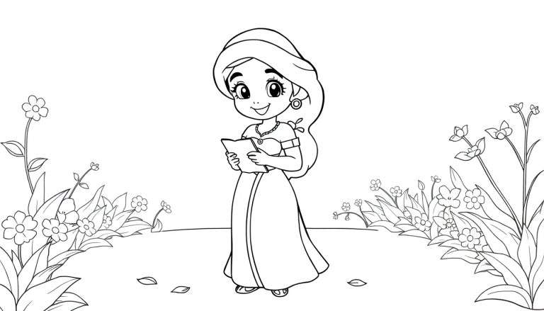 A cute Jasmine coloring panel with a girl in a garden.