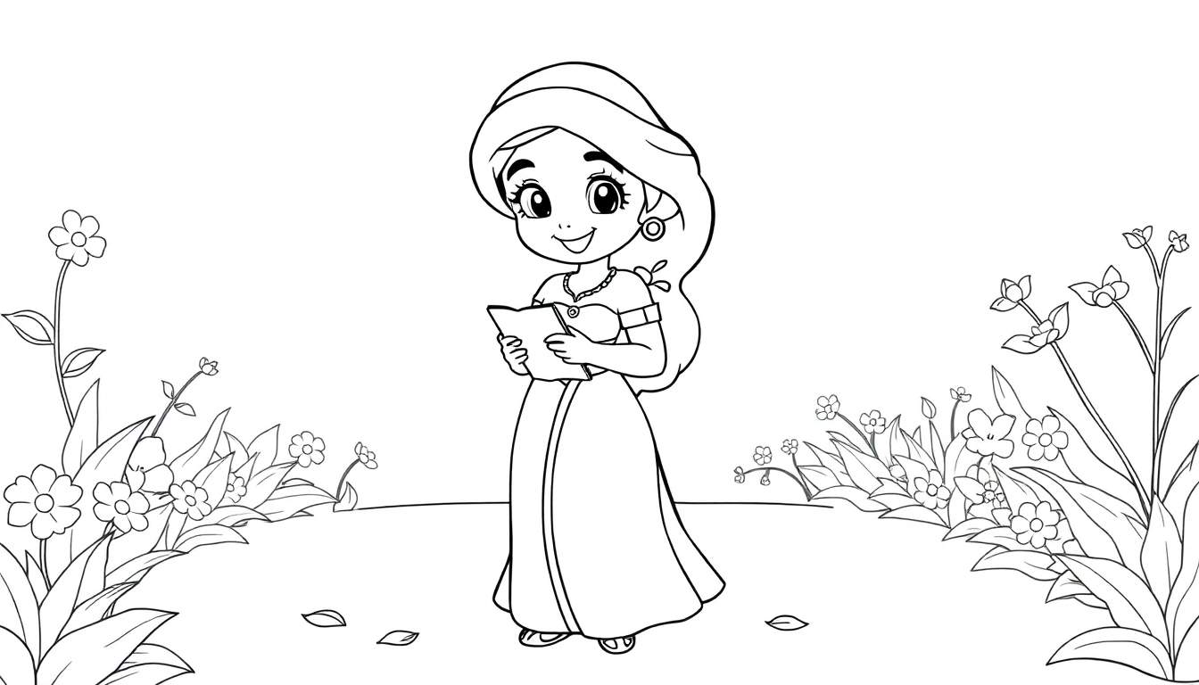 A cute Jasmine coloring panel with a girl in a garden.