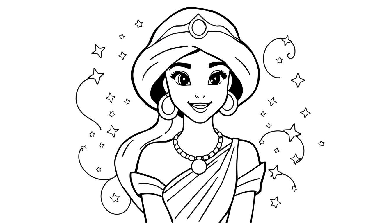Jasmine from Aladdin in a black and white coloring panel, smiling with stars.