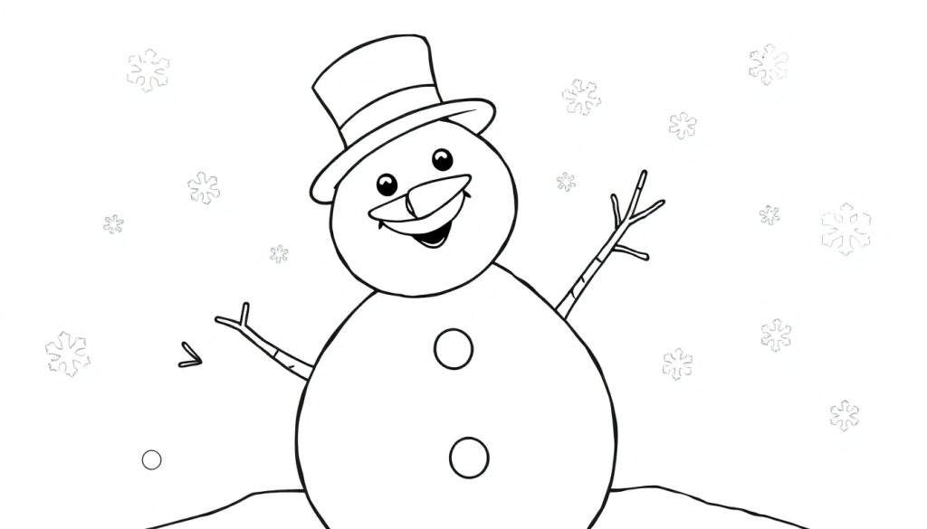 A cheerful black and white snowman coloring panel with a carrot nose and a top hat.