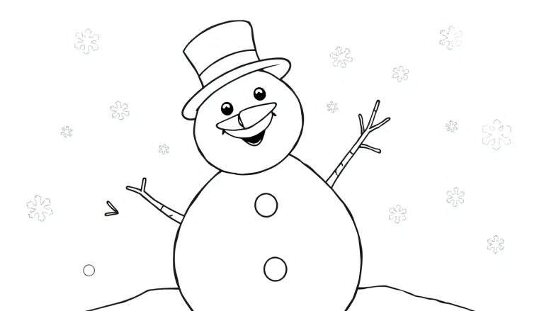 A cheerful black and white snowman coloring panel with a carrot nose and a top hat.